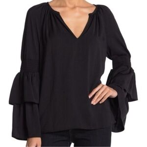 Ramy Brook Lali Blouse Top Black Pullover Tiered Bell Sleeve V-Neck Size Small